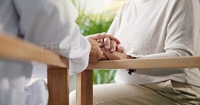 Buy stock photo Caregiver, mature person and holding hands for support, elderly care and help for retirement. Medical aid, senior empathy and pensioner with healthcare, wellness and hospice doctor with homecare