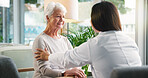 Empathy, doctor and senior patient with illness, checkup and support with healthcare, consulting and touch. Clinic, medical professional and care for elderly person with dementia, sick and diagnosis