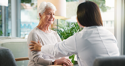 Buy stock photo Empathy, doctor and senior patient with illness, checkup and support with healthcare, consulting and touch. Clinic, medical professional and care for elderly person with dementia, sick and diagnosis