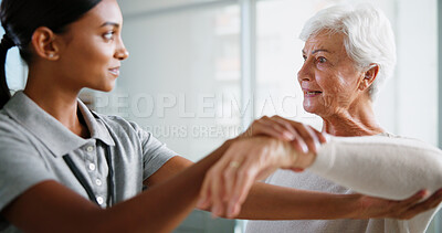 Buy stock photo Physiotherapy, consulting and woman with senior patient for medical service, support and wellness. Healthcare, chiropractor and physical therapist with person for mobility, rehabilitation and help