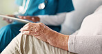People, hands and nurse with elderly patient for consultation, diagnosis or checkup at retirement home. Closeup, doctor or caregiver with senior client for assisted living on sofa at old age house