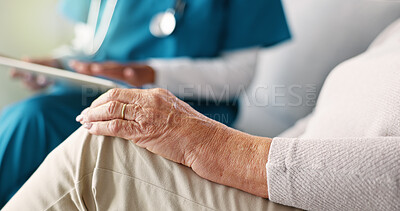 Buy stock photo People, hands and nurse with elderly patient for consultation, diagnosis or checkup at retirement home. Closeup, doctor or caregiver with senior client for assisted living on sofa at old age house