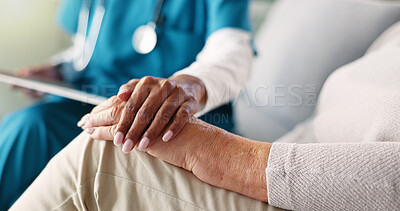 Buy stock photo People, hands and nurse with patient for sympathy, comfort or consultation at retirement home. Closeup, doctor or caregiver with senior client for assisted living, empathy or elderly care at house