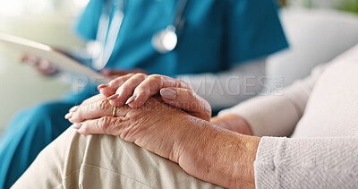 Buy stock photo Nurse, hands or senior patient with medical results for healthcare or consultation at retirement home. Closeup, doctor or caregiver with person for elderly care, assisted living or diagnosis at house