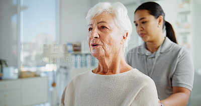 Buy stock photo Physiotherapy, back pain and woman with mature patient for medical service, support and wellness. Healthcare, chiropractor and physical therapist with person for consulting, arthritis and mobility