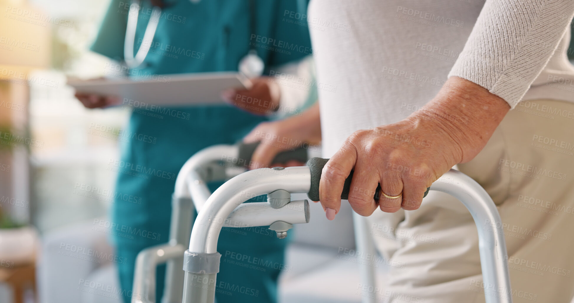 Buy stock photo Nurse, physiotherapist or patient hands with walker for assisted living, exam or test at clinic. Closeup, medical worker or doctor helping person with a disability for mobility, movement or recovery