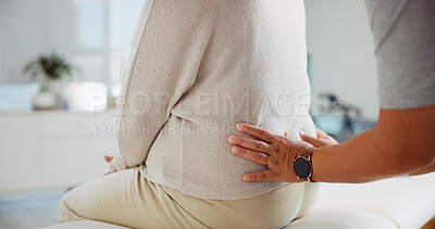Buy stock photo Physical therapy, back pain and hands of person with patient for support, wellness and consultation. Healthcare, chiropractor and physiotherapist with woman for osteoporosis, mobility and arthritis