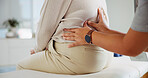 Physiotherapy, spine and hands of person with patient for back pain, wellness and consultation. Healthcare, chiropractor and physical therapist with woman for osteoporosis, mobility and arthritis