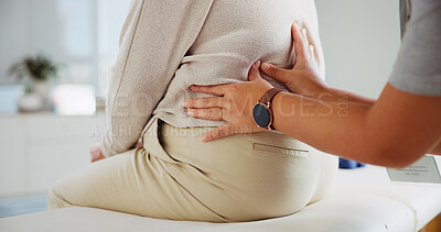 Buy stock photo Physiotherapy, spine and hands of person with patient for back pain, wellness and consultation. Healthcare, chiropractor and physical therapist with woman for osteoporosis, mobility and arthritis