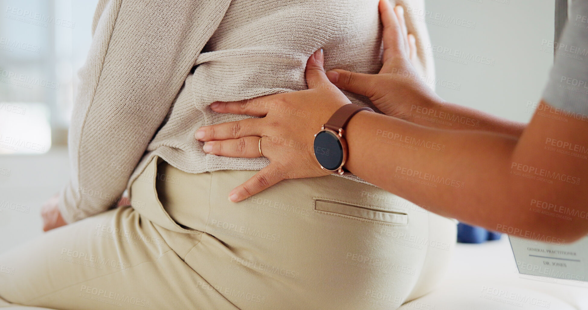 Buy stock photo Physiotherapy, back pain and hands of person with patient for support, wellness and consultation. Healthcare, chiropractor and physical therapist with woman for osteoporosis, mobility and arthritis