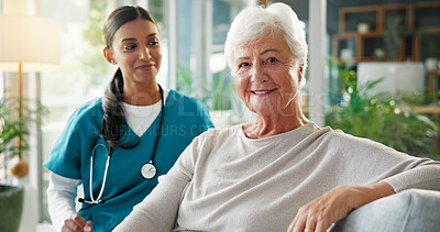 Buy stock photo Healthcare, smile or support with old woman and nurse in living room of retirement home for wellness. Bonding, medical or visit with caregiver and senior patient in apartment for kindness or nursing