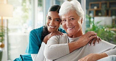 Buy stock photo Portrait, nurse and support for senior patient, women and smile for rehabilitation in nursing home. Happy, caregiver and comfort for elderly person, hug and bonding with medical professional in USA