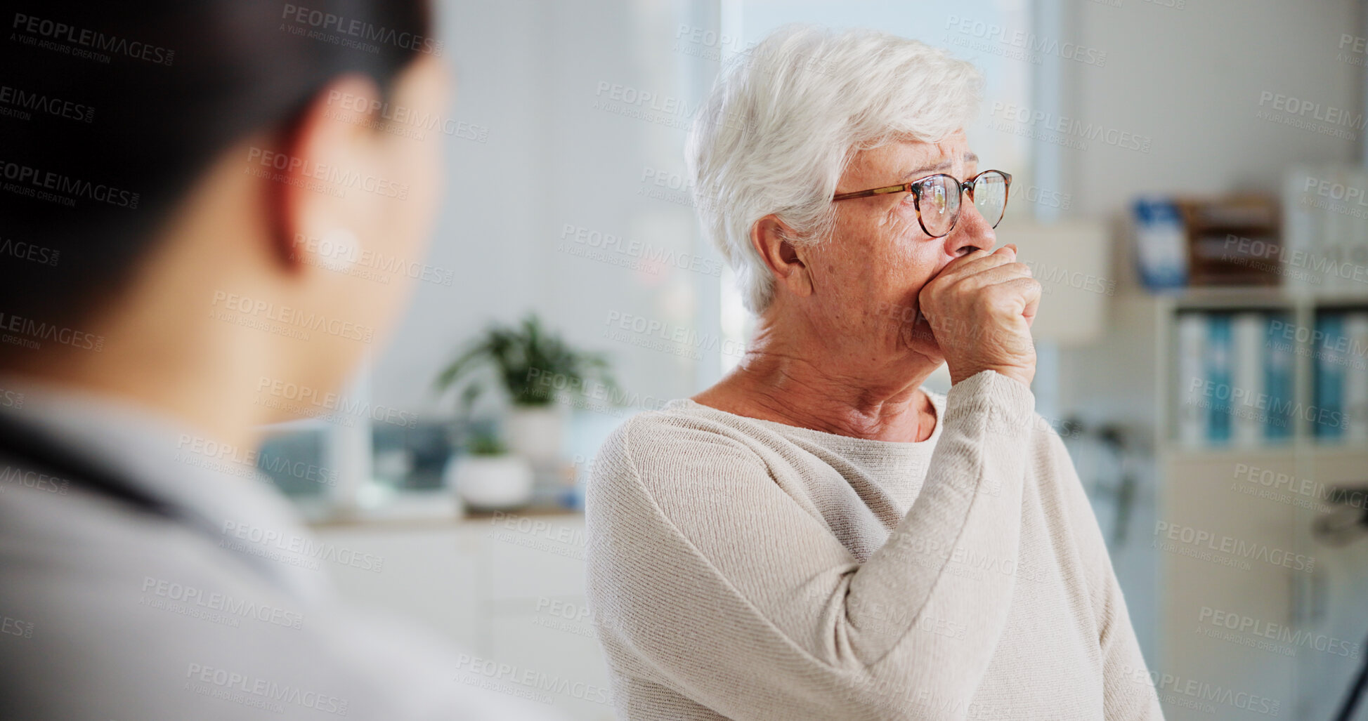 Buy stock photo Sad woman, doctor and crying with healthcare, shocked and consultation with support, empathy and tears. Pensioner, old patient and medical with professional, results and sympathy with help and cancer