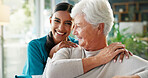 Medical, smile or support with old woman and nurse in living room of retirement home for wellness. Bonding, healthcare or visit with caregiver and senior patient in apartment for kindness or nursing