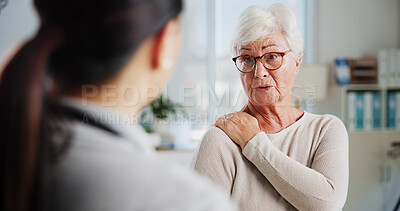 Buy stock photo Physiotherapy, shoulder pain and medical with old woman and doctor for rehabilitation, osteoporosis or healthcare. Physical therapy, help and advice with people for healing and orthopedic exam
