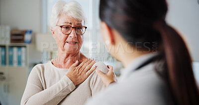 Buy stock photo Physiotherapy, shoulder pain and healthcare with old woman and doctor for rehabilitation, osteoporosis or medical. Physical therapy, help and advice with people for healing and orthopedic exam