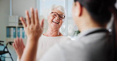 Buy stock photo Senior patient, woman and high five in physio for rehabilitation success, good news or healing progress. Physical therapy, health worker and celebration in clinic for healthcare recovery or thank you