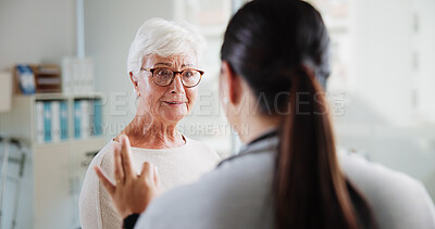 Buy stock photo Talking, doctor and smile with old woman in office for patient feedback, insurance and treatment plan. Healthcare, meeting and medical help with people in clinic for consulting, support and trust