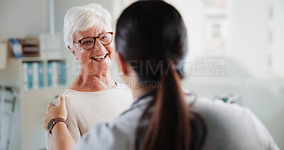 Buy stock photo Consulting, doctor and happy with old woman in office for patient feedback, insurance and physiotherapy plan. Healthcare, rehabilitation and medical help with people in clinic for support and trust