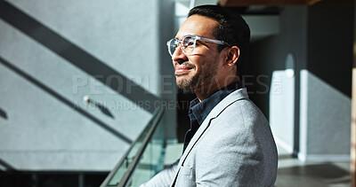 Buy stock photo Smile, thinking and business man in office for conference, keynote speaker and reflection. Capital venture, investor expo and future with person in lobby of seminar for vision and account advisor