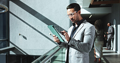 Buy stock photo Conference, lobby and tablet with business man in convention center for development seminar. App, research and schedule with corporate employee at tradeshow for networking or upskill workshop