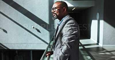 Buy stock photo Glasses, thinking and business black man in office for conference, keynote speaker and reflection. Capital venture, investor expo and future with person of seminar for vision and account advisor