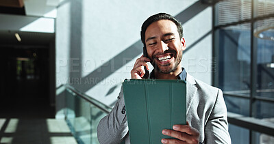 Buy stock photo Office, happy man and tablet with phone call for networking, talking and consulting for finance. Lobby, business person and financial advisor with digital for mobile negotiation, budget info or laugh