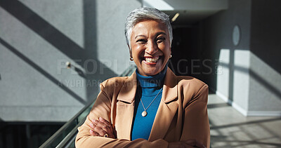 Buy stock photo Arms crossed, portrait and smile with business woman in office for conference, keynote speaker and confidence. Capital venture, investor expo and happy with mature person for B2B and account advisor
