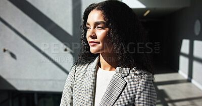 Buy stock photo Thinking, employee and woman with ambition, business or ideas for career growth in corporate company. Inspiration, contemplating and person with vision for opportunity, calm or underwriter with pride