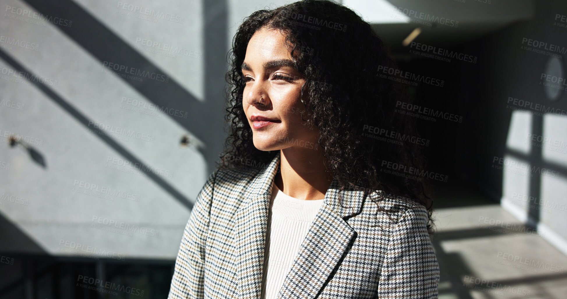Buy stock photo Thinking, employee and woman with ambition, business or ideas for career growth in corporate company. Inspiration, contemplating and person with vision for opportunity, calm or underwriter with pride
