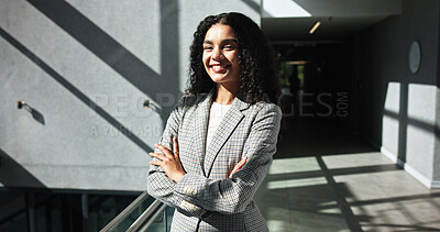 Buy stock photo Smile, portrait and confident business woman in company for opportunity as talent acquisition specialist. Arms crossed, professional and happy human resources worker in corporate office in in Mexico