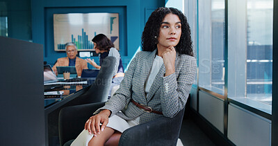 Buy stock photo Thinking, employee and woman with ambition, serious and ideas for career growth in corporate company. Inspiration, contemplating and person with vision for opportunity, calm or underwriter with pride