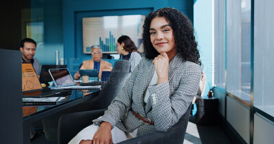 Buy stock photo Portrait, thinking and happy business woman in office for finance, investment or quantitative analyst. Corporate, confident employee and worker coworking for risk management, insight or data analysis