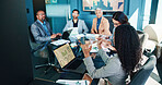 Meeting, laptop and business people in office for financial consulting, budget review and investment. Professional, corporate team and men with women for finance report, strategy and discussion