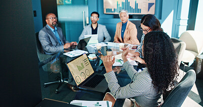 Buy stock photo Meeting, laptop and business people in office for financial consulting, budget review and investment. Professional, corporate team and men with women for finance report, strategy and discussion