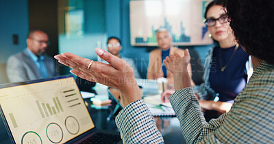 Buy stock photo Meeting, laptop screen and business people with graph in office for financial analytics, budget review and investment. Teamwork, corporate and men with women for finance report, strategy and planning