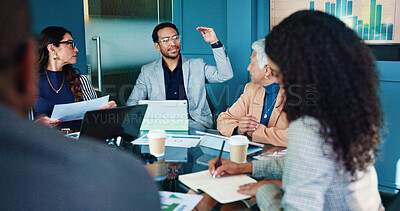 Buy stock photo Business people, meeting and discussion with documents for statistics, analytics or growth at office. Group, employees or team with ideas for corporate expansion, profit or development at workplace