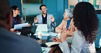 Buy stock photo Meeting, laptop and business people in discussion for financial consulting, budget review and investment. Professional, corporate team and men with women for finance report, strategy and planning