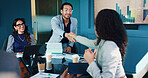 Business people, meeting and handshake with documents for analytics, partnership or deal at office. Employees, colleagues or shaking hands with smile for b2b, corporate performance or company growth