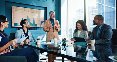 Buy stock photo Excited, presentation and business people in meeting, charts and financial success. Speaker, group and employees in workplace, cooperation and accounting with profit growth, company revenue and smile