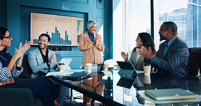 Buy stock photo Applause, presentation and business people in meeting, graphs and profit growth. Speaker, group and employees in workplace, investment and clapping for bonus, company revenue and charts with smile