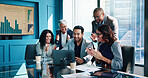 Business people, excited and celebration in office, laptop and financial growth with stock market. Employees, group and meeting in workplace, pride and investment with cooperation, success or smile