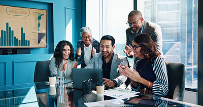 Buy stock photo Business people, applause and celebration in office, laptop and financial growth with stock market. Employees, group or meeting in workplace, clapping or investment with cooperation, success or smile