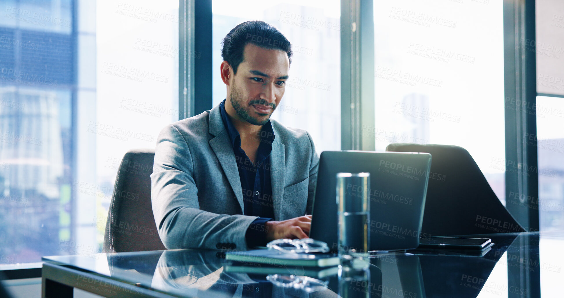 Buy stock photo Laptop, corporate and business man typing finance report, investment portfolio and actuary reading email. Computer, internet and employee in office for risk assessment, project or research online