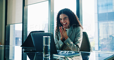 Buy stock photo Celebration, excited and woman with laptop in office happy for feedback, success and workplace winner. Journalism, announcement and online for story, prize and achievement notification for victory