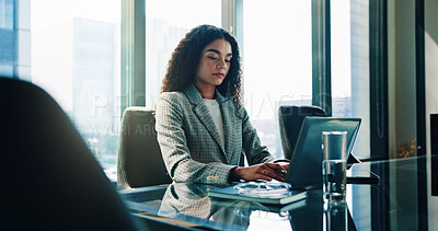 Buy stock photo Finance, laptop and serious with business woman in office of investment firm for portfolio growth. Computer, money and typing with broker or trader in corporate workplace for planning or research