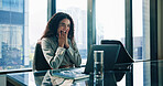 Celebration, prize and woman with laptop in office happy for feedback, success and workplace. Excited journalist, announcement and promo for story, winner and achievement notification for victory