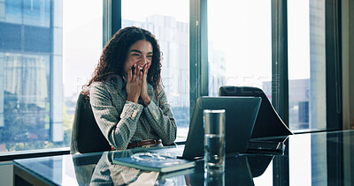 Buy stock photo Celebration, prize and woman with laptop in office happy for feedback, success and workplace. Excited journalist, announcement and promo for story, winner and achievement notification for victory