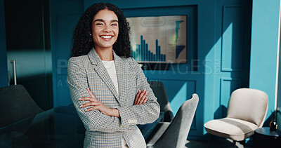 Buy stock photo Portrait, finance and business woman with arms crossed for  investment opportunity, pride and actuary with smile. Confident worker, corporate professional and happy employee in office as risk analyst