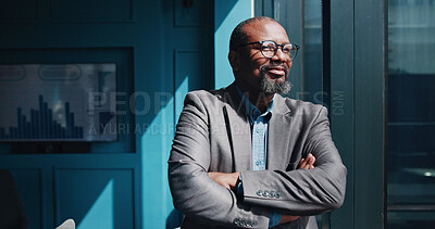 Buy stock photo Thinking, employee and mature man with arms crossed, smile and ideas for financial growth in office. Confident, entrepreneur and black person with ambition for business, vision and contemplating